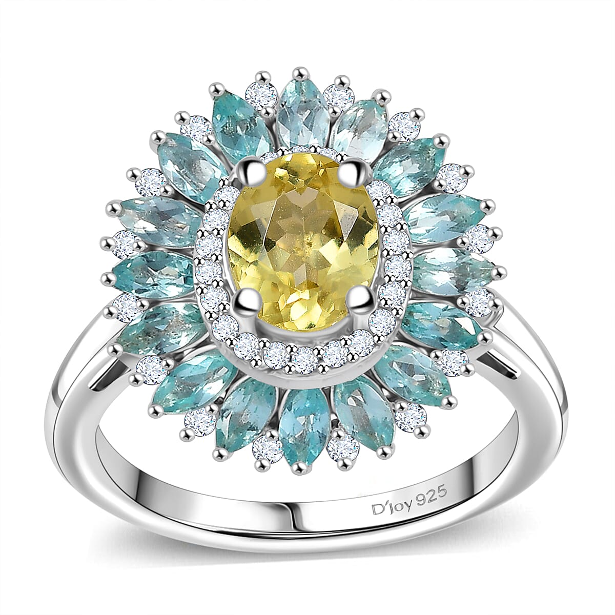 Premium Yellow Apatite, Multi Gemstone Dahlia Flower Ring in Rhodium Over Sterling Silver (Size 10.0) 2.90 ctw
