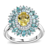 Premium Yellow Apatite, Multi Gemstone Dahlia Flower Ring in Rhodium Over Sterling Silver (Size 10.0) 2.90 ctw