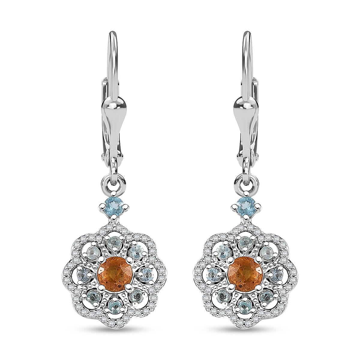 D'Joy Premium Madagascar Yellow Sapphire, Blue and Lagoon Apatite, White Zircon 1.65 ctw Flower Earrings in Rhodium Over Sterling Silver