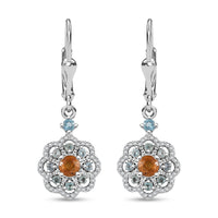 D'Joy Premium Madagascar Yellow Sapphire, Blue and Lagoon Apatite, White Zircon 1.65 ctw Flower Earrings in Rhodium Over Sterling Silver