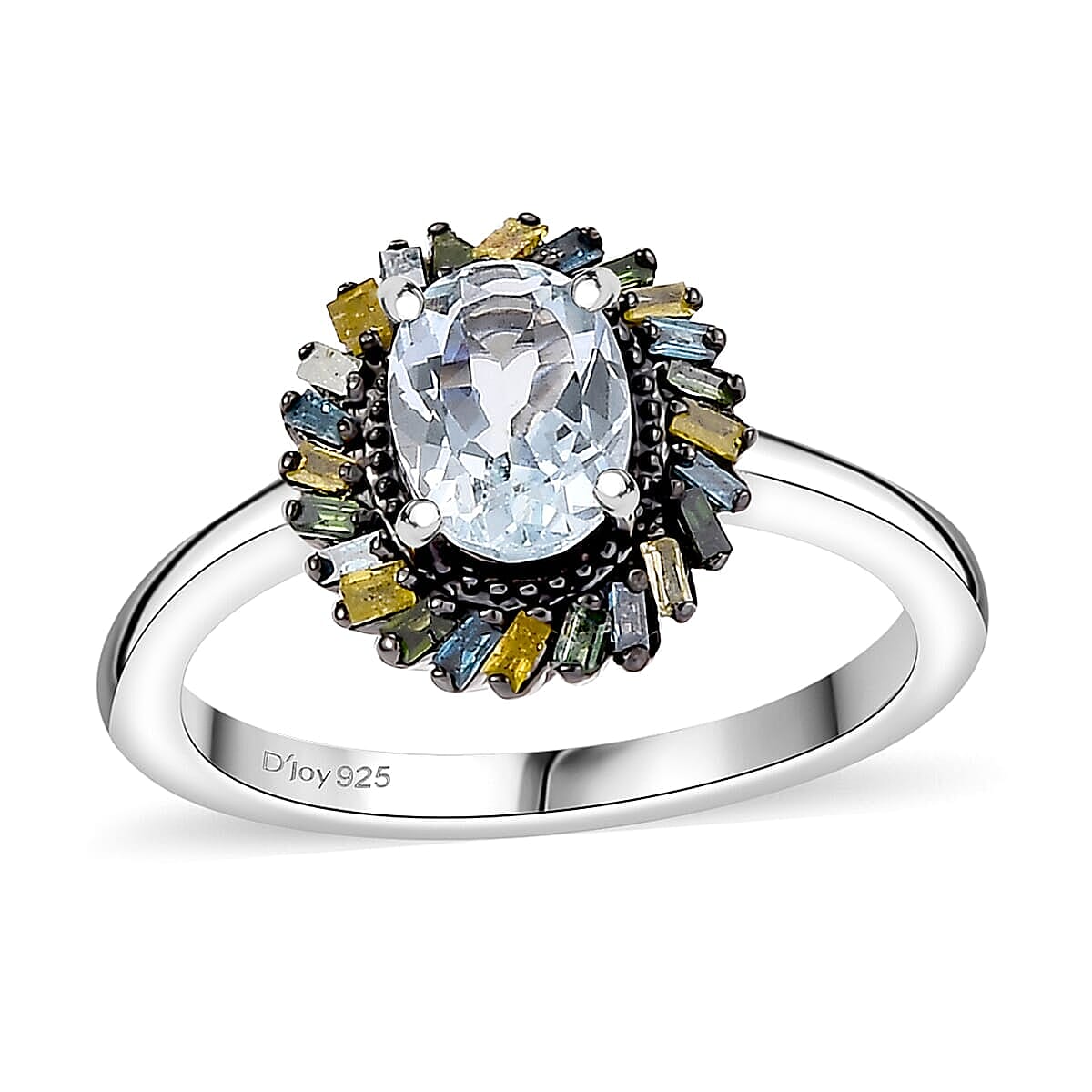 Premium Mangoro Aquamarine and Multi Color Diamond IR 0.80 ctw Ring in Rhodium Over Sterling Silver (Size 10.0)