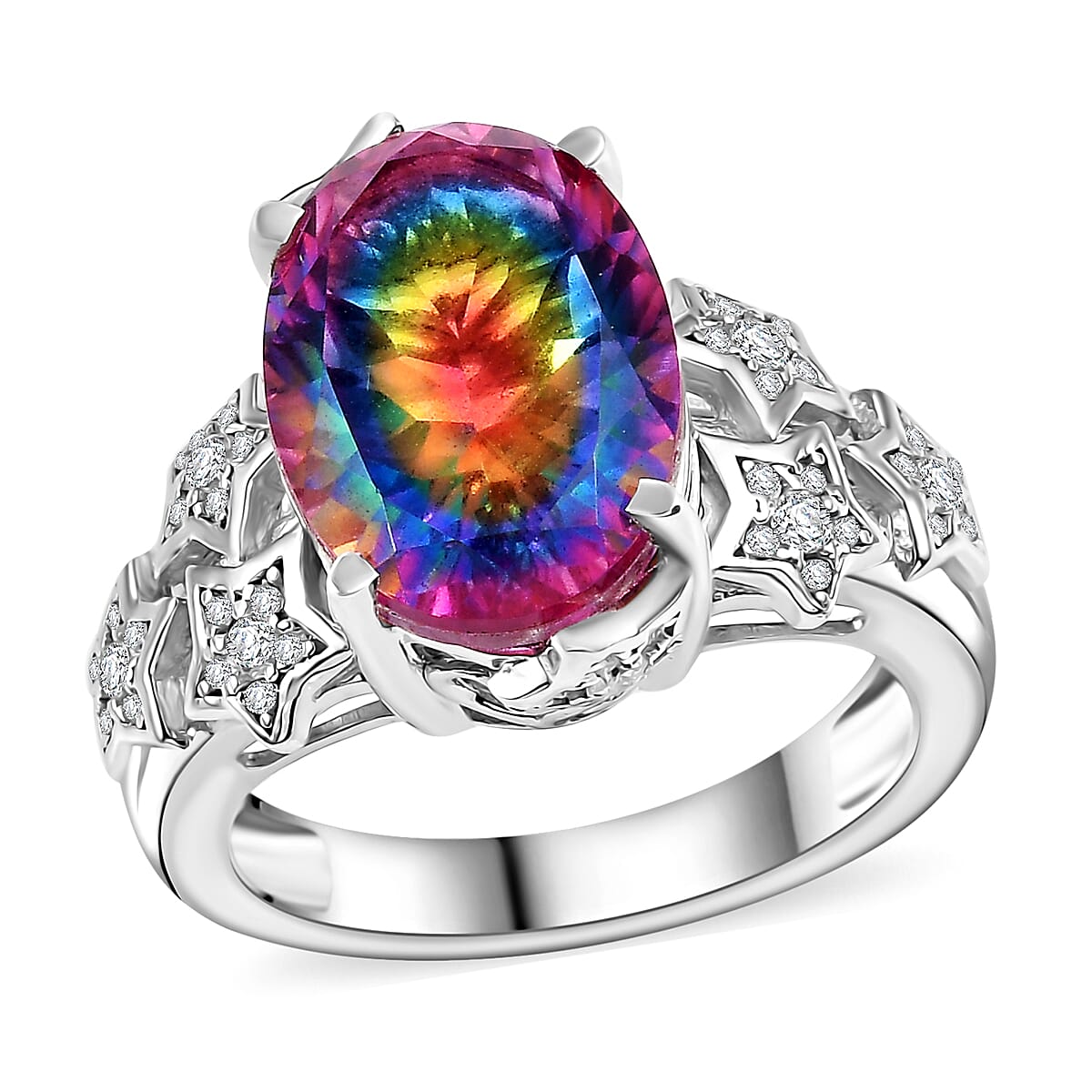 Premium Nebula Quartz Doublet, Moissanite Ring in Rhodium Over Sterling Silver (Size 10.0) 6.50 ctw