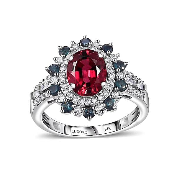 By Tony Diniz Certified and Appraised Luxoro 14K White Gold AAA Ouro Fino Rubellite, Indicolite, Diamond (G-H, I2) (0.46 cts) Ring (Size 10.0) (4.35 g) 2.78 ctw