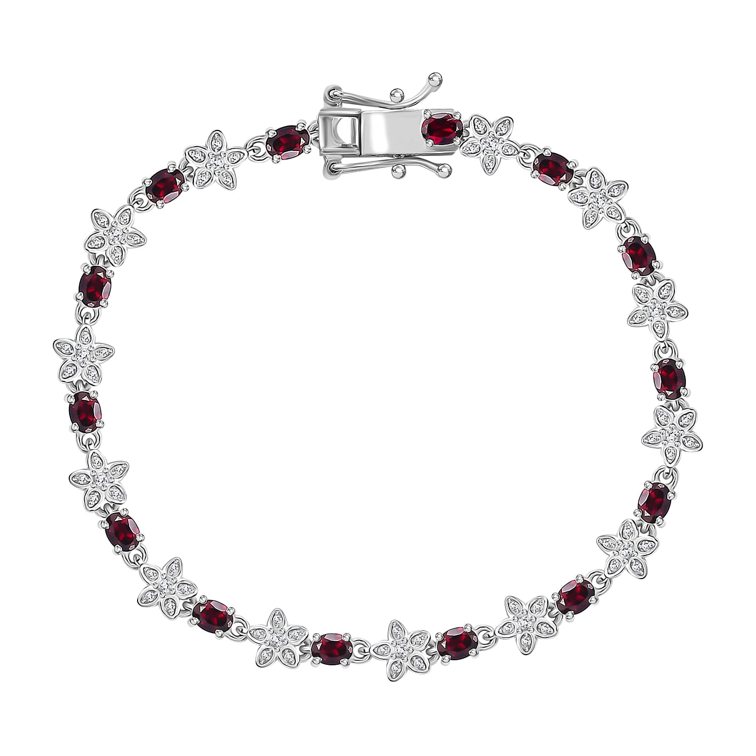 Premium Anthill Garnet and Moissanite 4.80 ctw Flower Bracelet in Rhodium Over Sterling Silver (6.50 In)