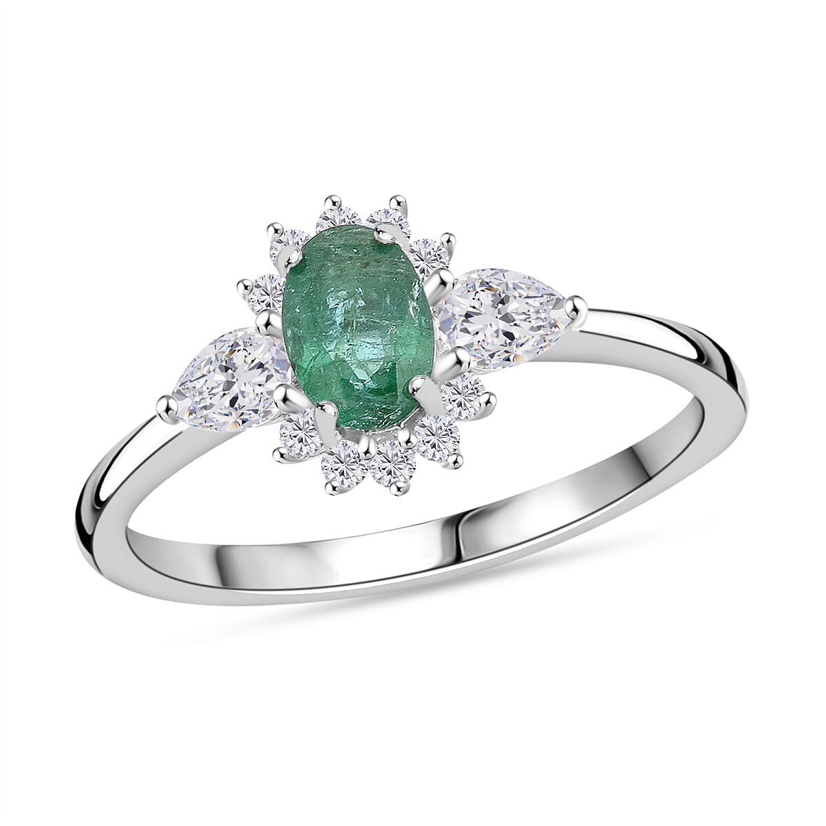 Premium Kagem Zambian Emerald and White Zircon 1.00 ctw Ring in Rhodium Over Sterling Silver