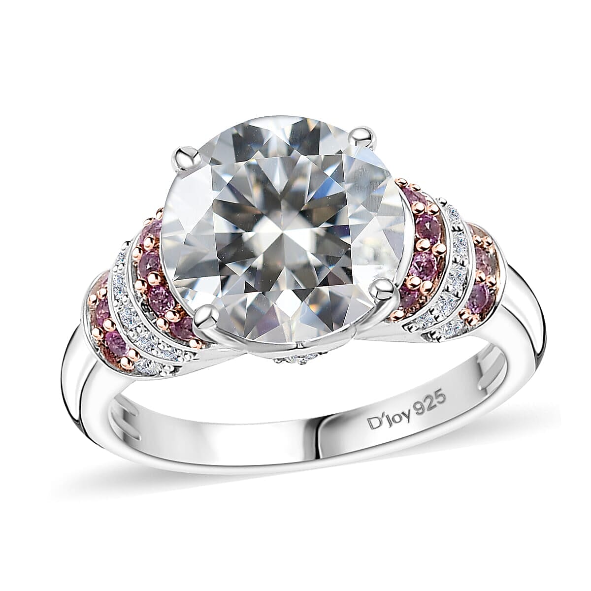TLV Moissanite (Rnd 10mm), Pink Sapphire Ring in Rhodium Over Sterling Silver (Size 10.0) 3.80 ctw