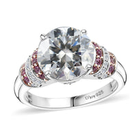TLV Moissanite (Rnd 10mm), Pink Sapphire Ring in Rhodium Over Sterling Silver (Size 10.0) 3.80 ctw