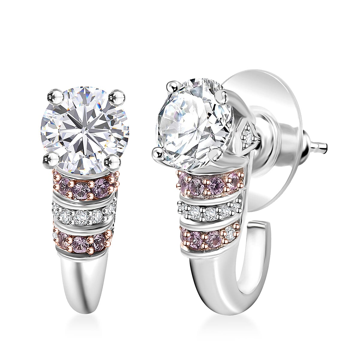 TLV Moissanite (Rnd 7mm), Pink Sapphire Earrings in Rhodium Over Sterling Silver 2.85 ctw
