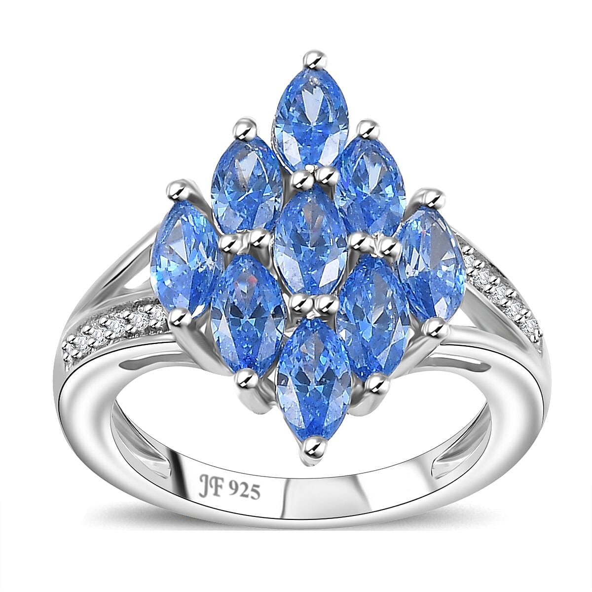 J Francis Embellished with Arctic Blue and White Zirconia by Swarovski 3.50 ctw Art Deco Ring in Rhodium Over Sterling Silver (Size 10.0)