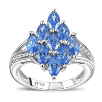 J Francis Embellished with Arctic Blue and White Zirconia by Swarovski 3.50 ctw Art Deco Ring in Rhodium Over Sterling Silver (Size 10.0)