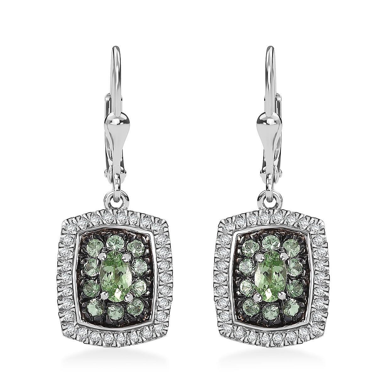 Tsavorite Garnet and White Zircon 2.10 ctw Ocean Glimmer Earrings in Rhodium Over Sterling Silver