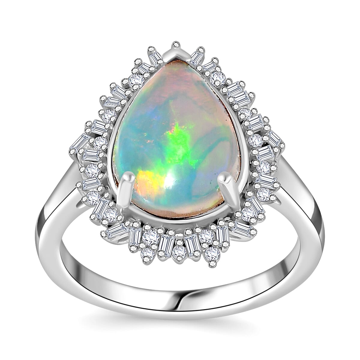 Premium Ethiopian Welo Opal, White Diamond Ring in Rhodium Over Sterling Silver (Size 10.0) 2.90 ctw