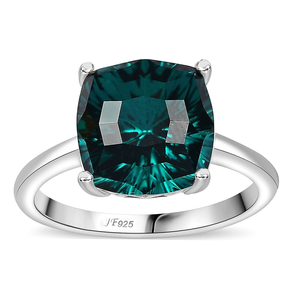J Francis Embellished with Emerald Color Crystal by Swarovski 4.35 ctw Solitaire Ring in Rhodium Over Sterling Silver (Size 10.0)
