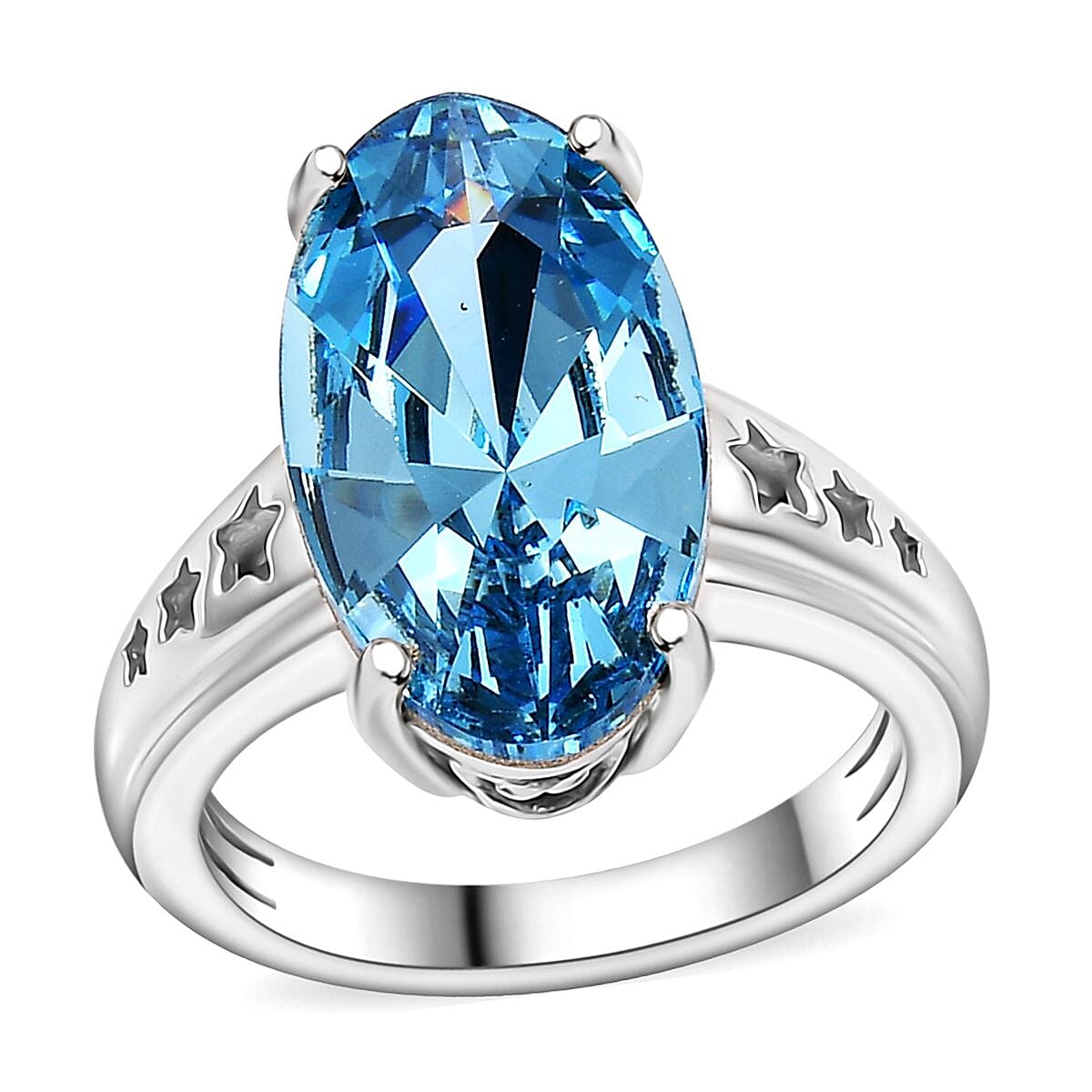 J Francis Embellished with Aquamarine Crystal by Swarovski Solitaire Ring in Rhodium Over Sterling Silver (Size 10.0) 5.20 ctw
