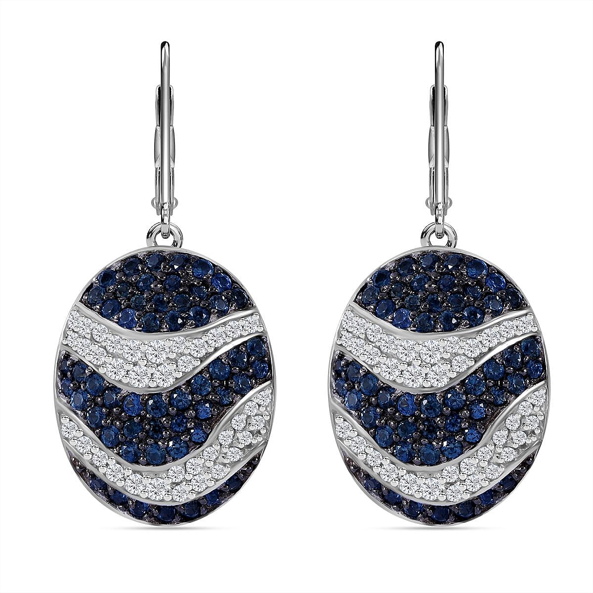 Madagascar Blue Sapphire, White Zircon Ocean Waves Earrings in Rhodium Over Sterling Silver 4.35 ctw