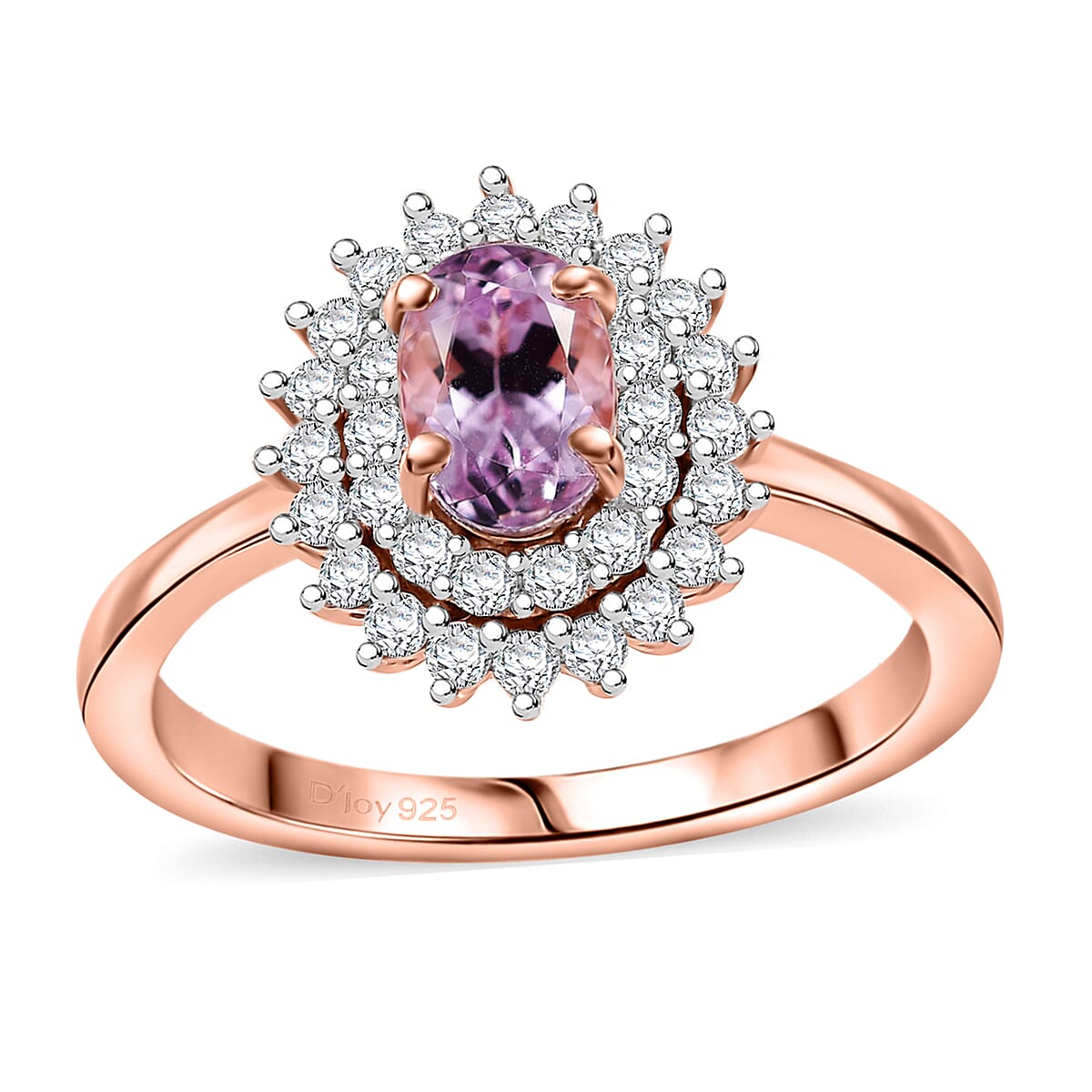 Premium Martha Rocha Kunzite, Moissanite Sunburst Ring in 18K Vermeil RG Over Sterling Silver (Size 9.0) 1.50 ctw
