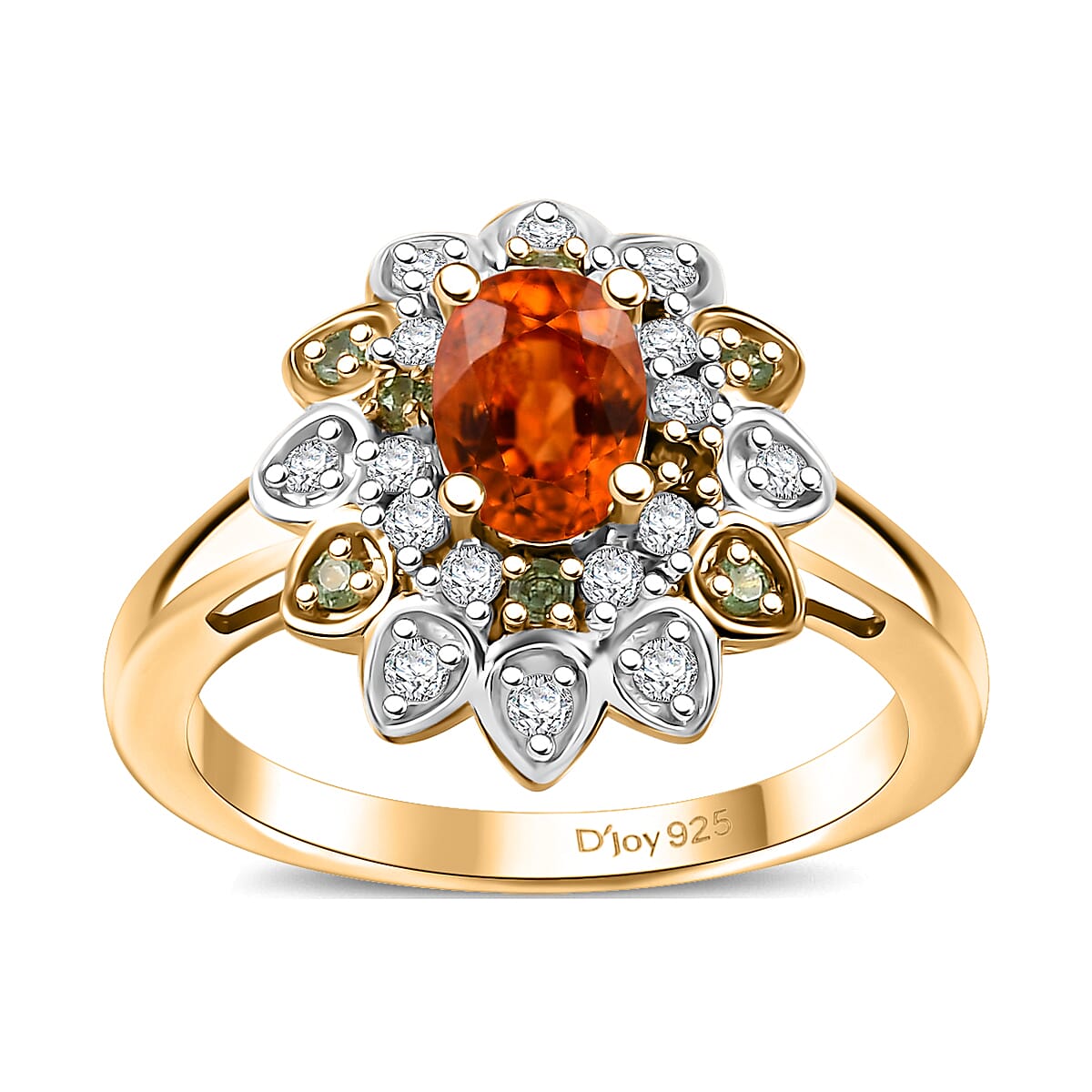 Fanta Garnet, Moissanite Floral Ring in 18K Vermeil YG Over Sterling Silver (Size 7.0) 1.60 ctw