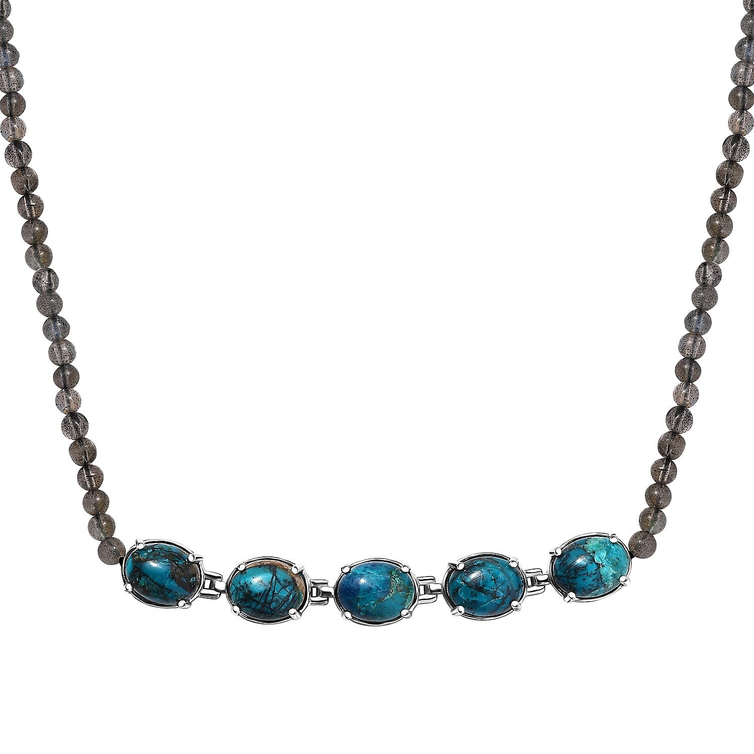 D'Joy Table Mountain Shadowkite and Malagasy Labradorite 37.50 ctw 18 Inches Necklace in Platinum Over Sterling Silver