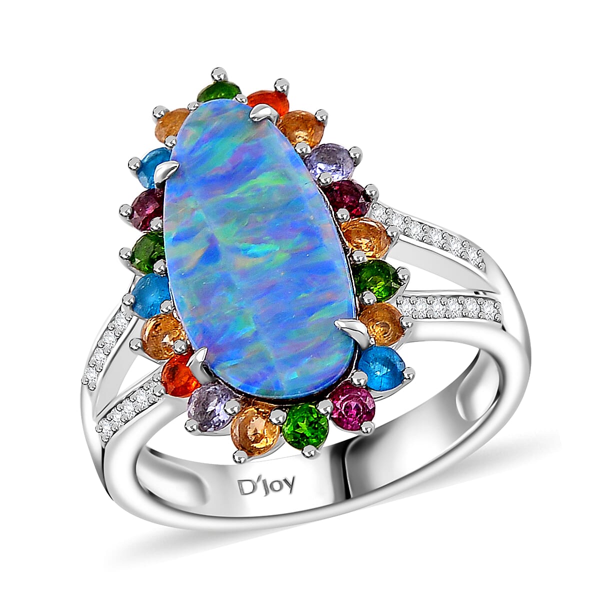 AAA Boulder Opal Doublet and Multi Gemstone 4.15 ctw Ocean Radiance Ring in Rhodium Over Sterling Silver
