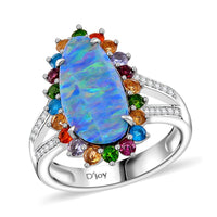 AAA Boulder Opal Doublet and Multi Gemstone 4.15 ctw Ocean Radiance Ring in Rhodium Over Sterling Silver