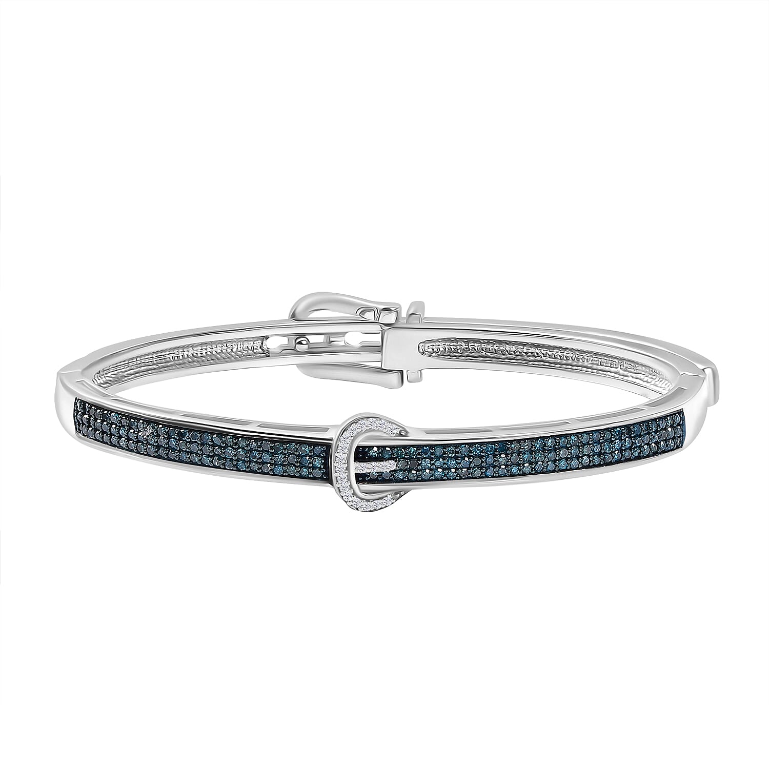 Blue Diamond and White Diamond 1.00 ctw Bangle Bracelet in Rhodium Over Sterling Silver (7.25 In)