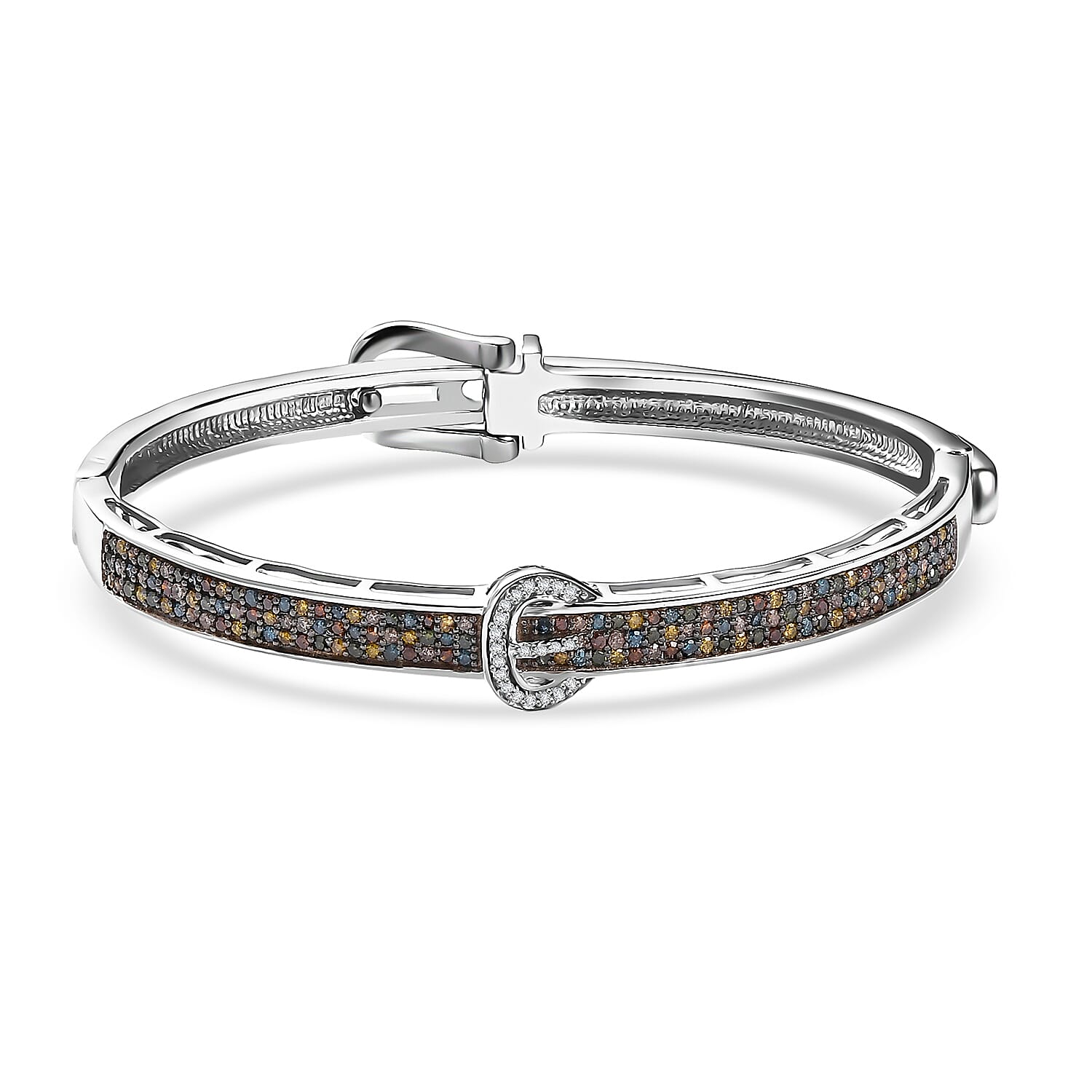 D'Joy Natural Champagne Diamond and Multi Gemstones 1.00 ctw Bangle Bracelet in Rhodium Over Sterling Silver