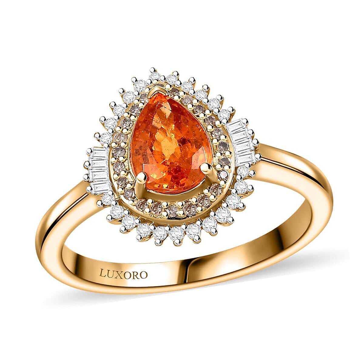 Luxoro 14K Yellow Gold AAA Fanta Garnet, Natural Champagne and White Diamond (I2) (0.30 cts) Autum Forest - Sunburst Ring (Size 8.0) 1.50 ctw