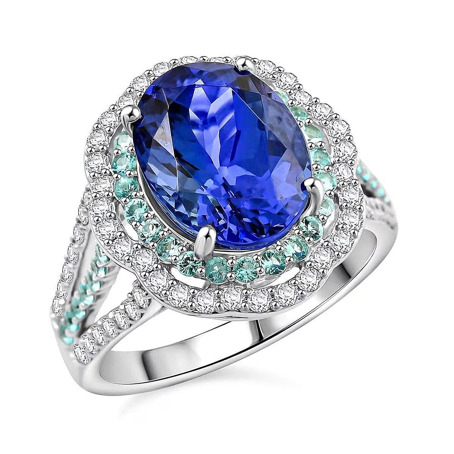 Certified & Appraised Rhapsody 950 Platinum AAAA Tanzanite, Paraiba Tourmaline, Diamond (E-F, VS) (0.66 cts) Ring (Size 10.0) (10.70 g) 6.80 ctw