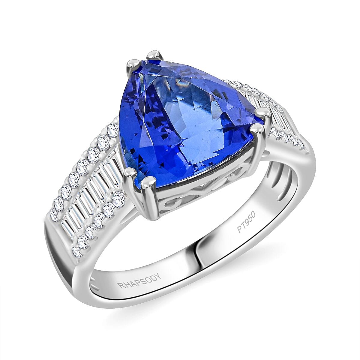 Certified & Appraised Rhapsody 950 Platinum AAAA Tanzanite, Diamond (E-F, VS) (0.71 cts) Ring (Size 8.0) (8.05 g) 5.30 ctw
