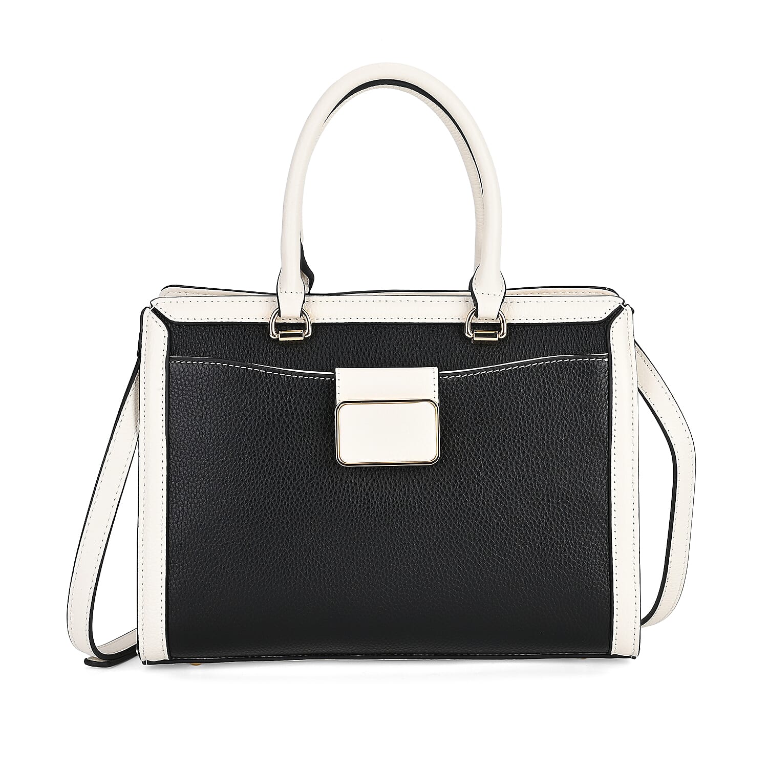Black with Off-White Genuine Leather Crossbody Bag (11"x5.1"x8.3") with Handle Drop and Shoulder Strap (51")