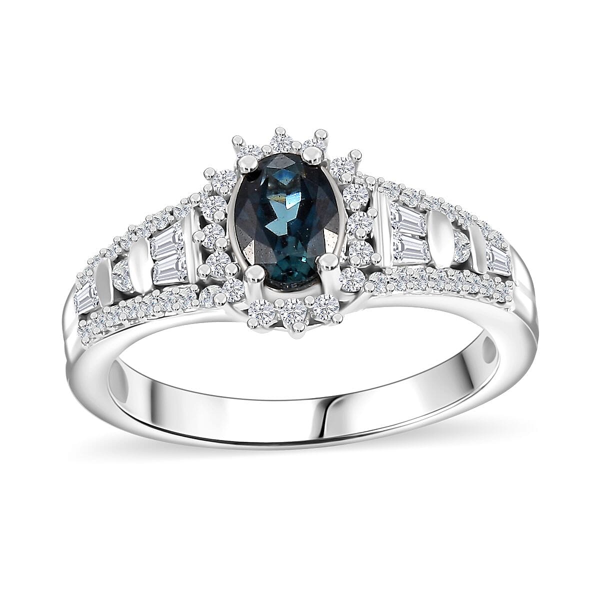 Doorbuster AAA Monte Belo Indicolite, White Zircon Ring in Rhodium Over Sterling Silver (Size 7.0) 1.20 ctw