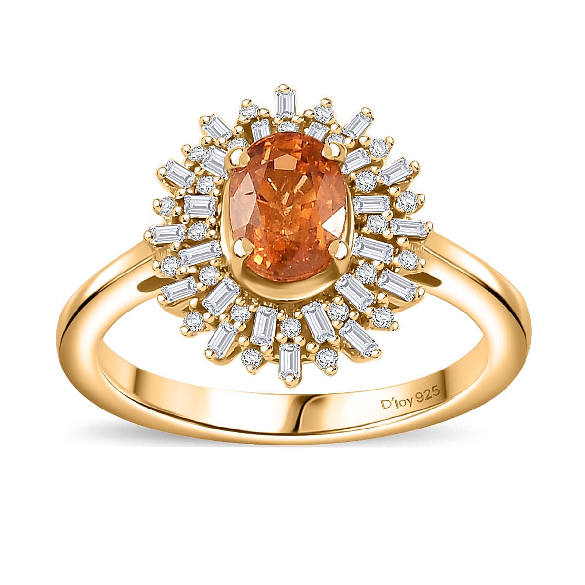 Fanta Garnet, Natural Champagne and White Diamond (0.32 cts) Sunburst Ring in 18K Vermeil YG Over Sterling Silver (Size 8.0) (Del. in 10-12 Days) 1.50 ctw