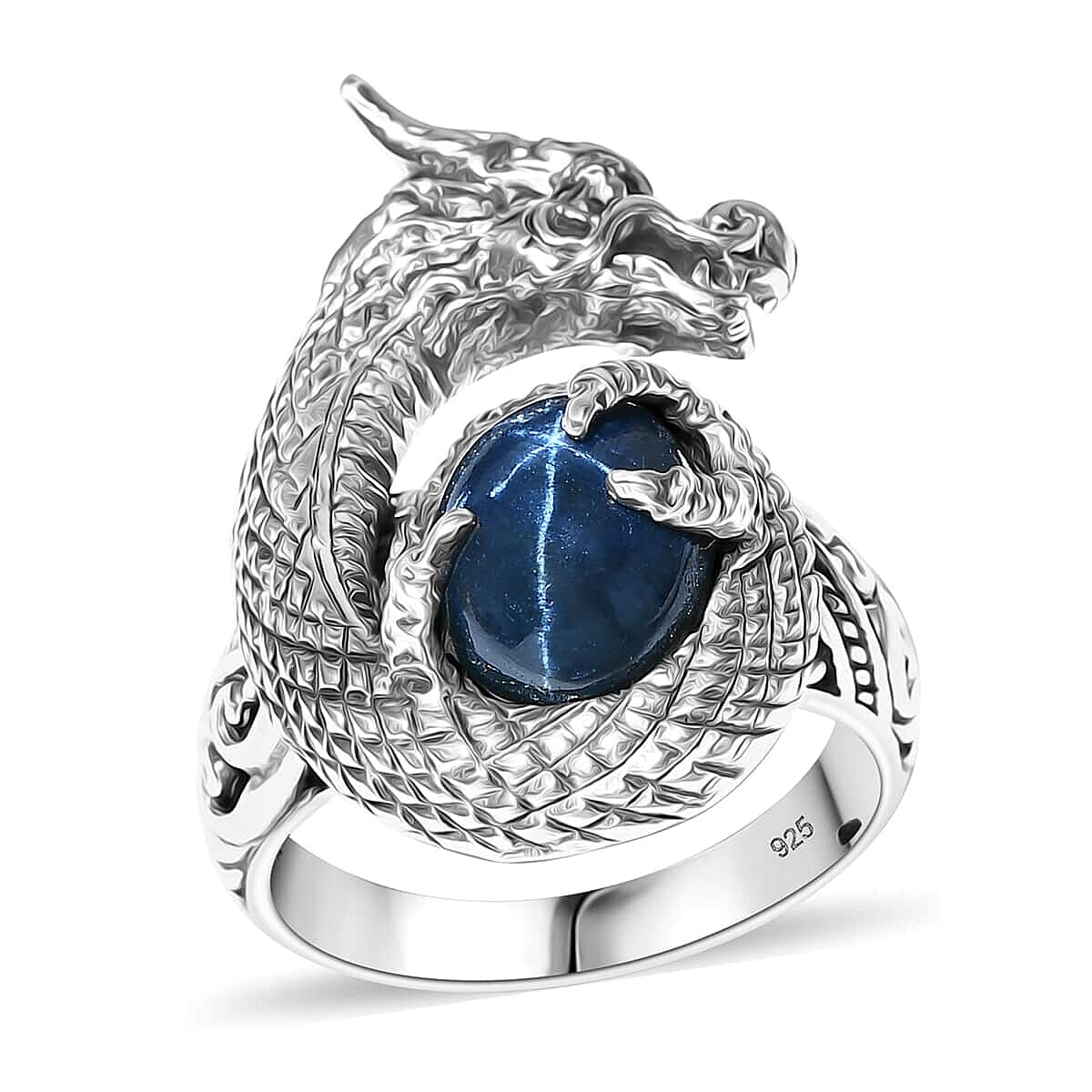 Bali Legacy Blue Star Sapphire (DF) Dragon Ring in Sterling Silver (Size 9.0) 4.50 ctw