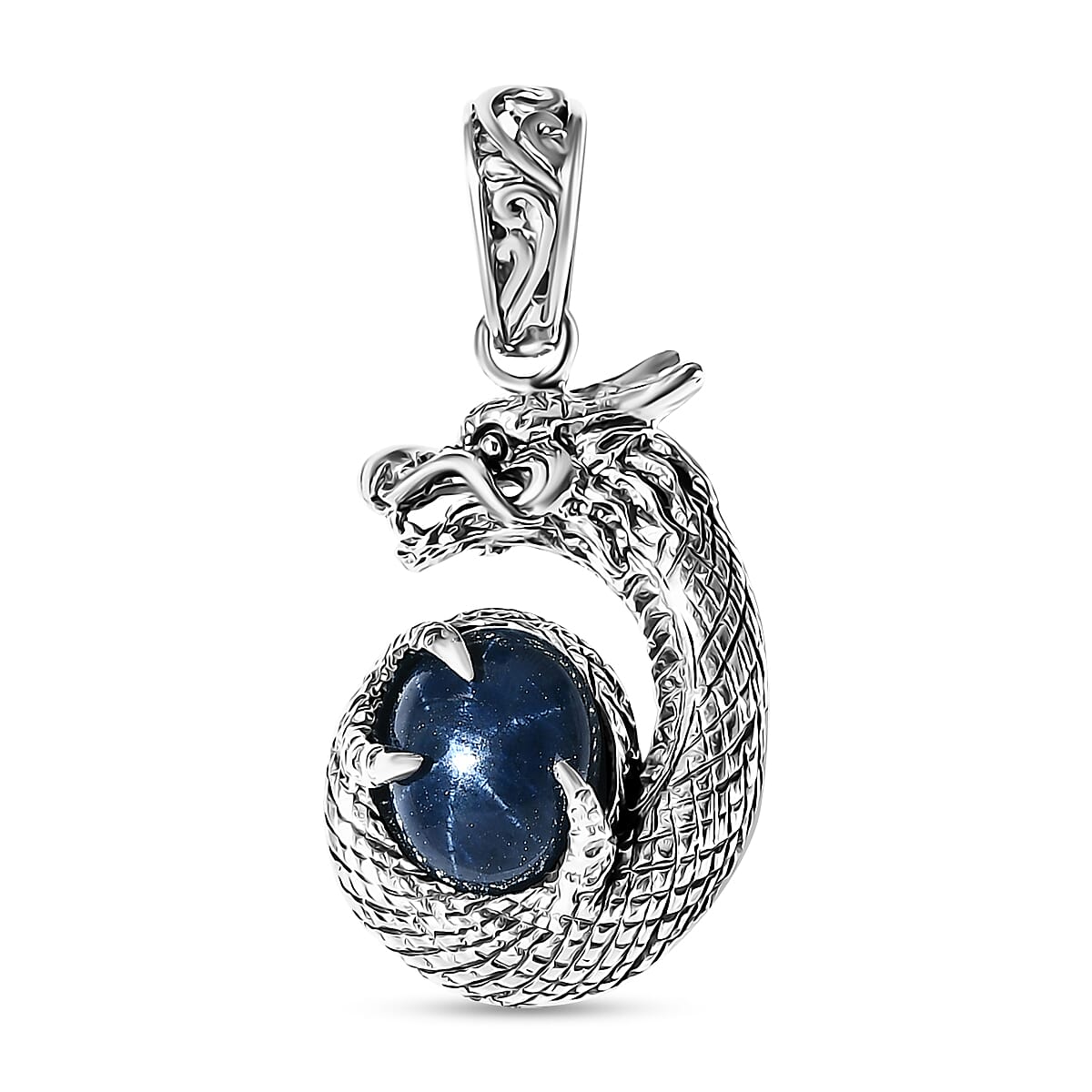 Bali Legacy Blue Star Sapphire (DF) 4.50 ctw Dragon Pendant in Sterling Silver