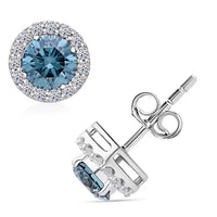 Luxuriant Lab Grown Blue Diamond (IR) and Lab Grown White Diamond (SI) 1.50 ctw Halo Stud Earrings in Platinum Over Sterling Silver