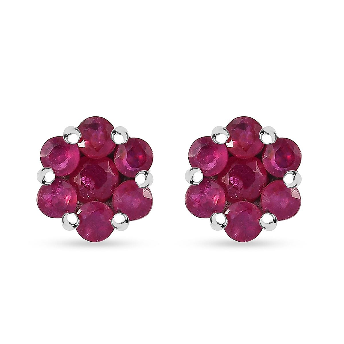 D'Joy Niassa Ruby (FF) 1.65 ctw Floral Earrings in Rhodium Over Sterling Silver