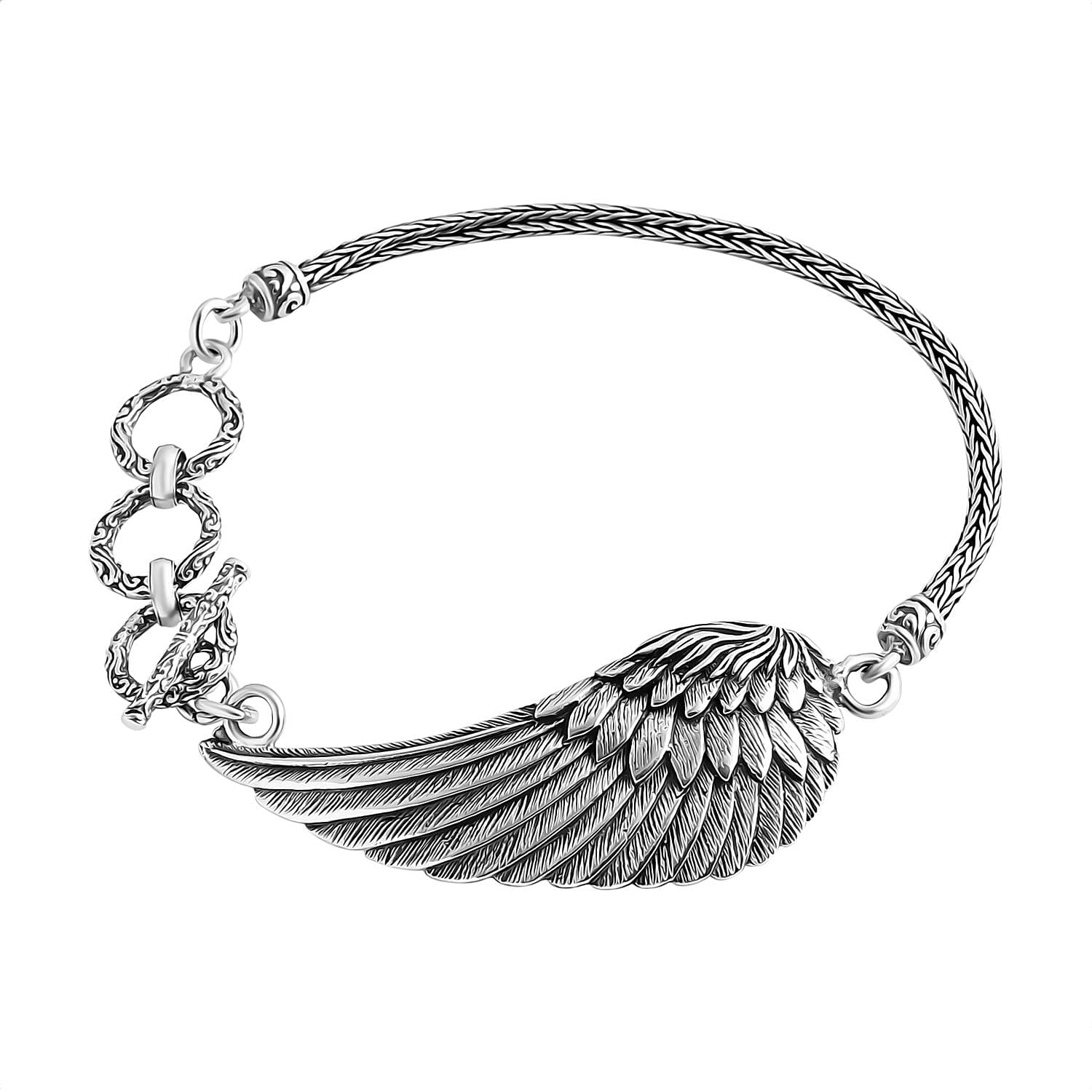 Bali legacy Sterling Silver Feather with Tulang Naga Chain Bracelet (6.50-8.0In) 13.70 Grams