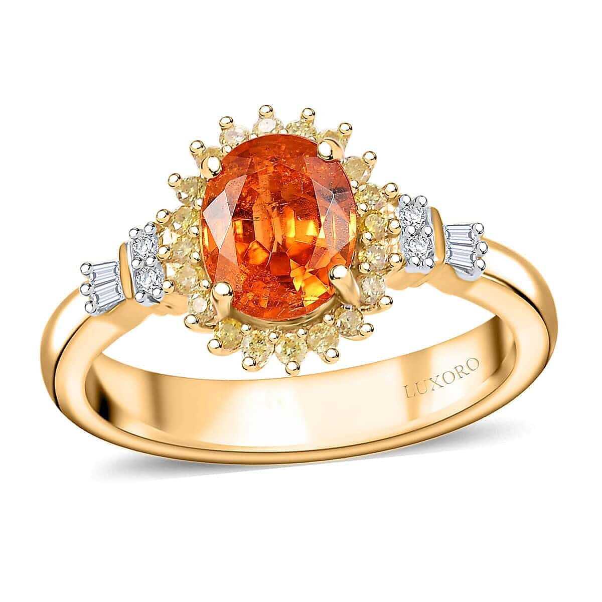 Luxoro AAA Mandarin Garnet, I2 Natural Yellow and White Diamond 1.90 ctw Sunburst Ring in 14K Yellow Gold