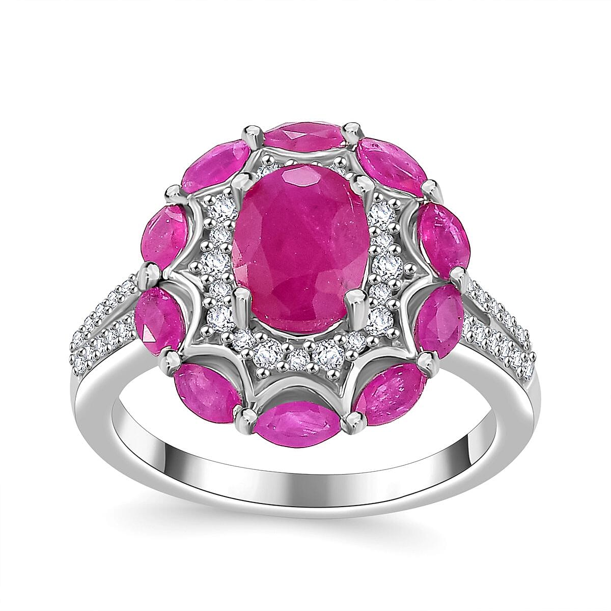Doorbuster Royal Ruby, White Zircon Ring in Rhodium Over Sterling Silver (Size 7.0) 3.40 ctw