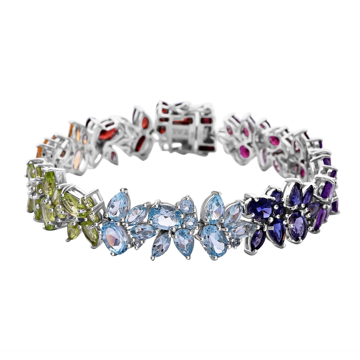 Multi Gemstone Bracelet in Rhodium Over Sterling Silver (6.50 In) 32.20 ctw