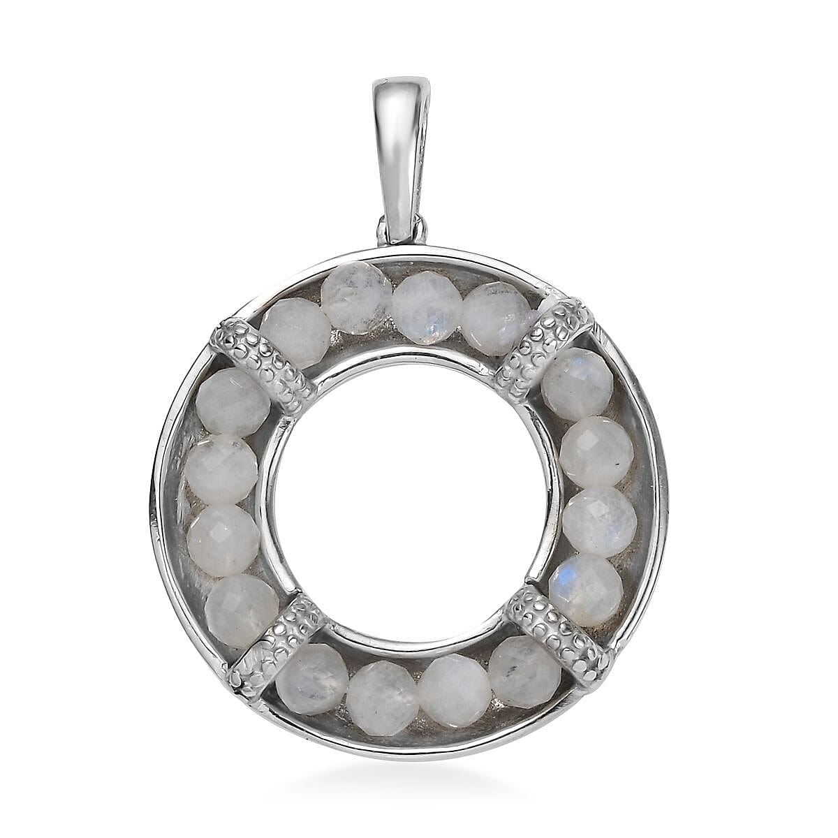 Rainbow Moonstone 6.30 ctw Circle Pendant in Stainless Steel