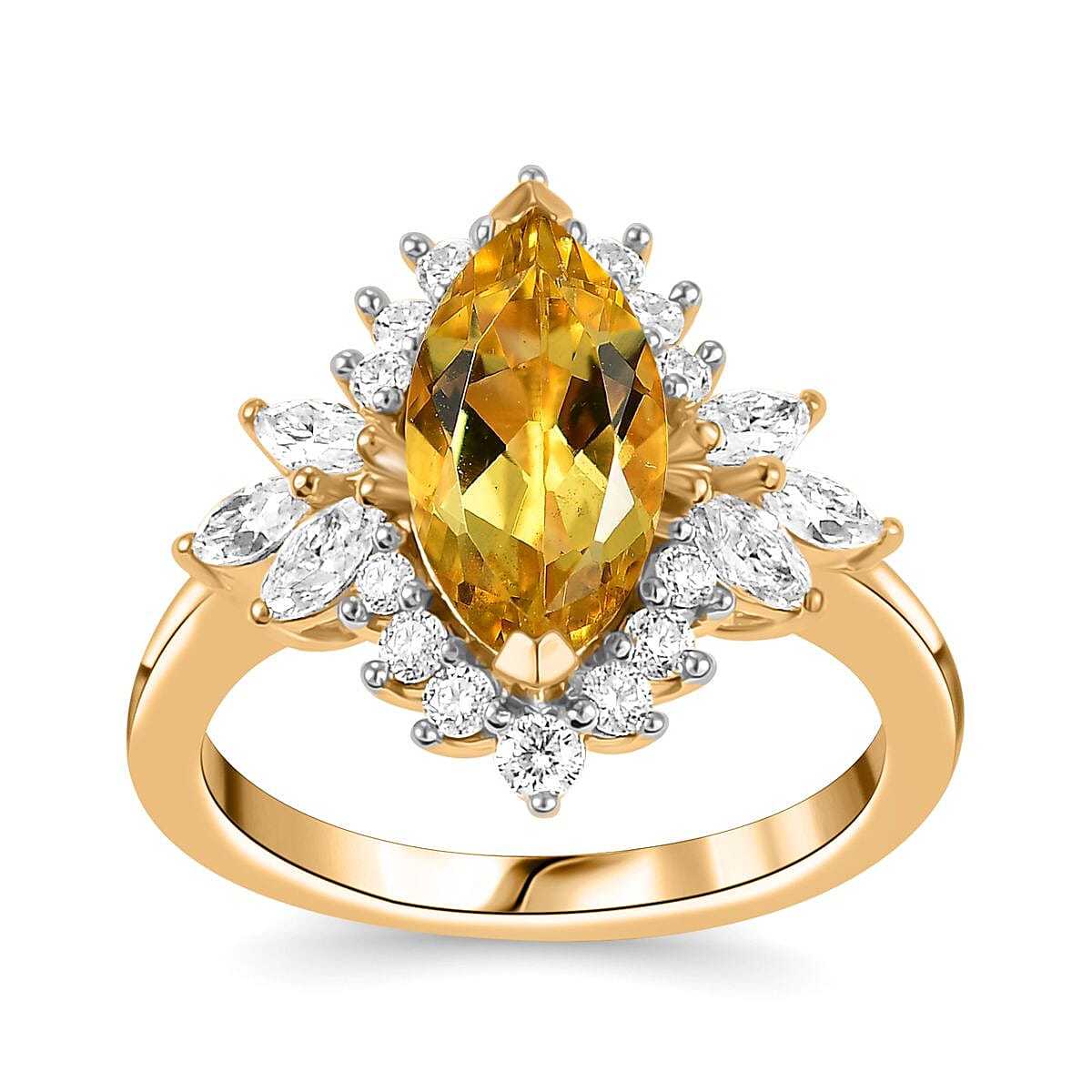 Premium Brazilian Heliodor, Moissanite Sunflower Ring in 18K Vermeil YG Over Sterling Silver (Size 10.0) 2.60 ctw