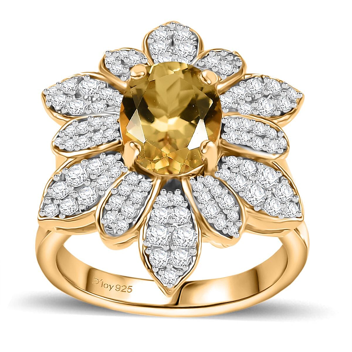 Brazilian Heliodor, Moissanite Ring in 18K Vermeil YG Over Sterling Silver (Size 10.0) 2.50 ctw