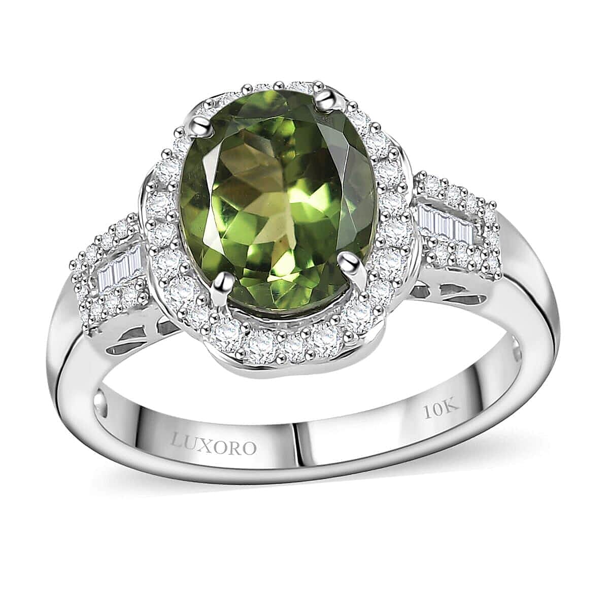 Doorbuster Luxoro 10K White Gold Premium Natural Green Apatite, Diamond (G-H, I2) (0.40 cts) Ring (Size 7.0) 3.15 ctw