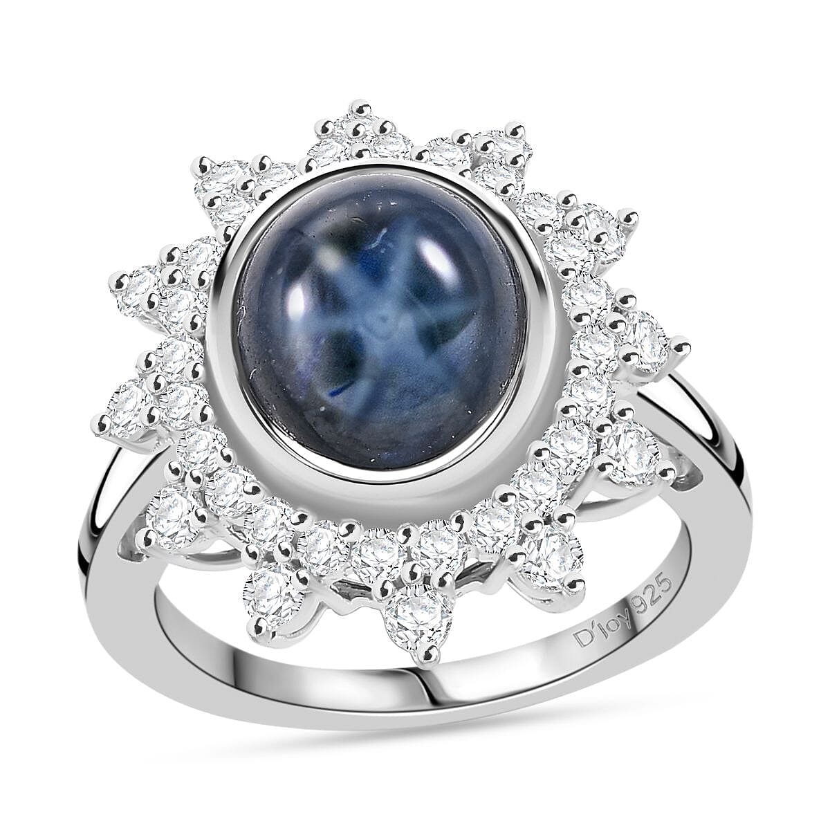 Blue Star Sapphire (DF) and Moissanite 6.80 ctw Ring in Rhodium Over Sterling Silver (Size 10.0)