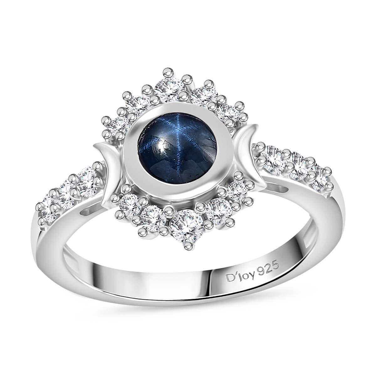 Blue Star Sapphire (DF), White Zircon Ring in Rhodium Over Sterling Silver (Size 10.0) 2.20 ctw