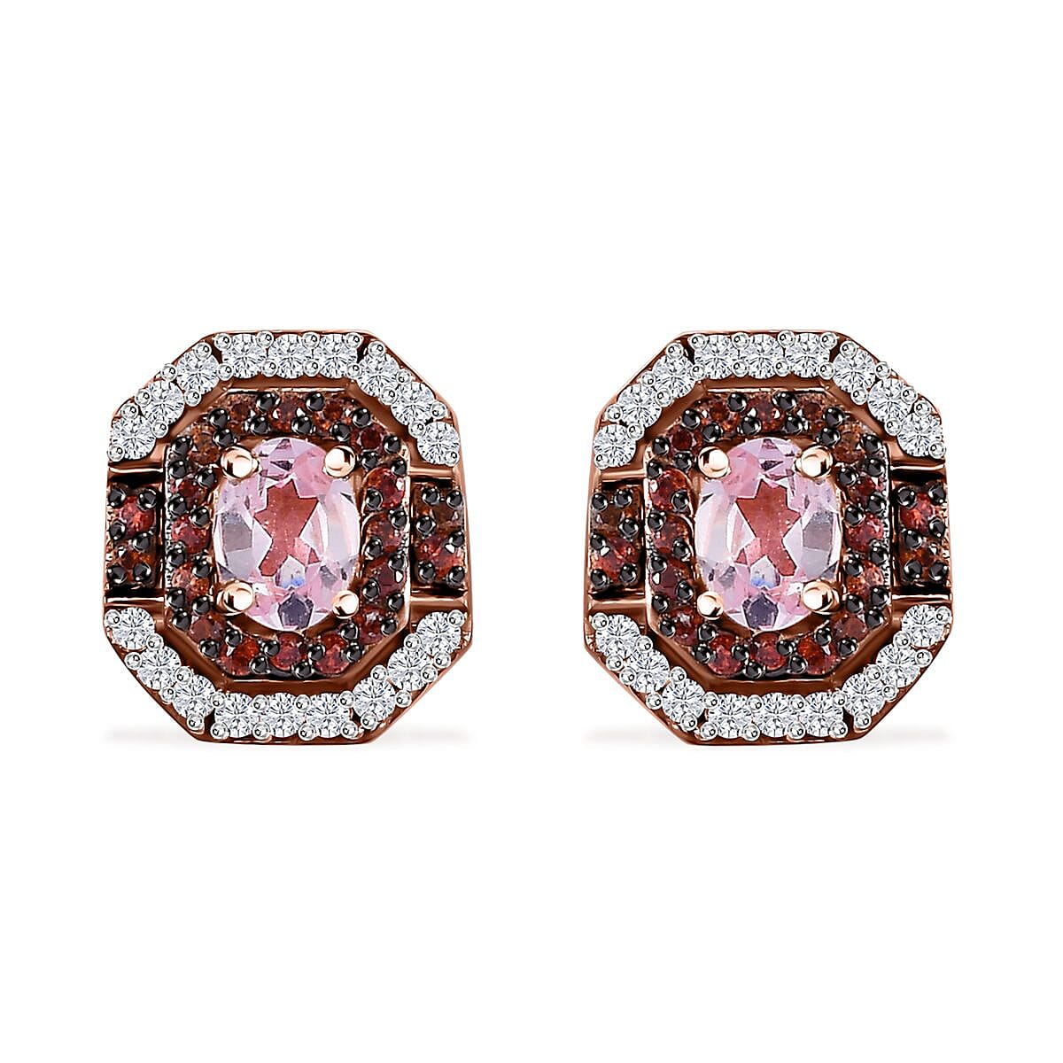 D'Joy Narsipatnam Pink Spinel, Brown and White Zircon Art Deco 0.85 ctw Earrings in 18K Vermeil Rose Gold Over Sterling Silver