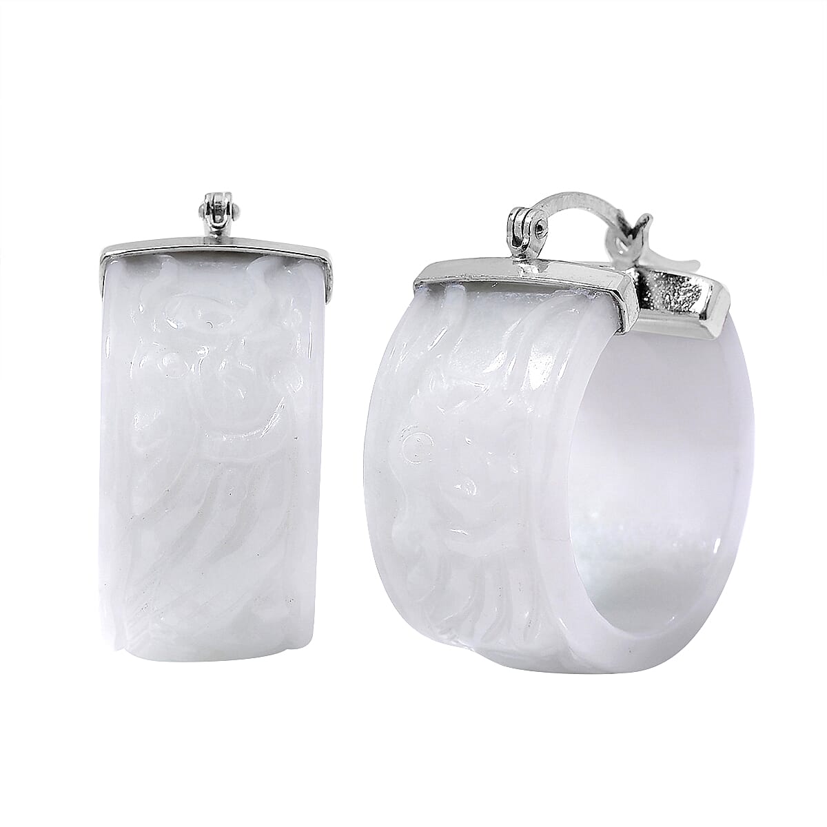 TLV White Jade Carved Dragon Hoop Earrings in Rhodium Over Sterling Silver 70.00 ctw