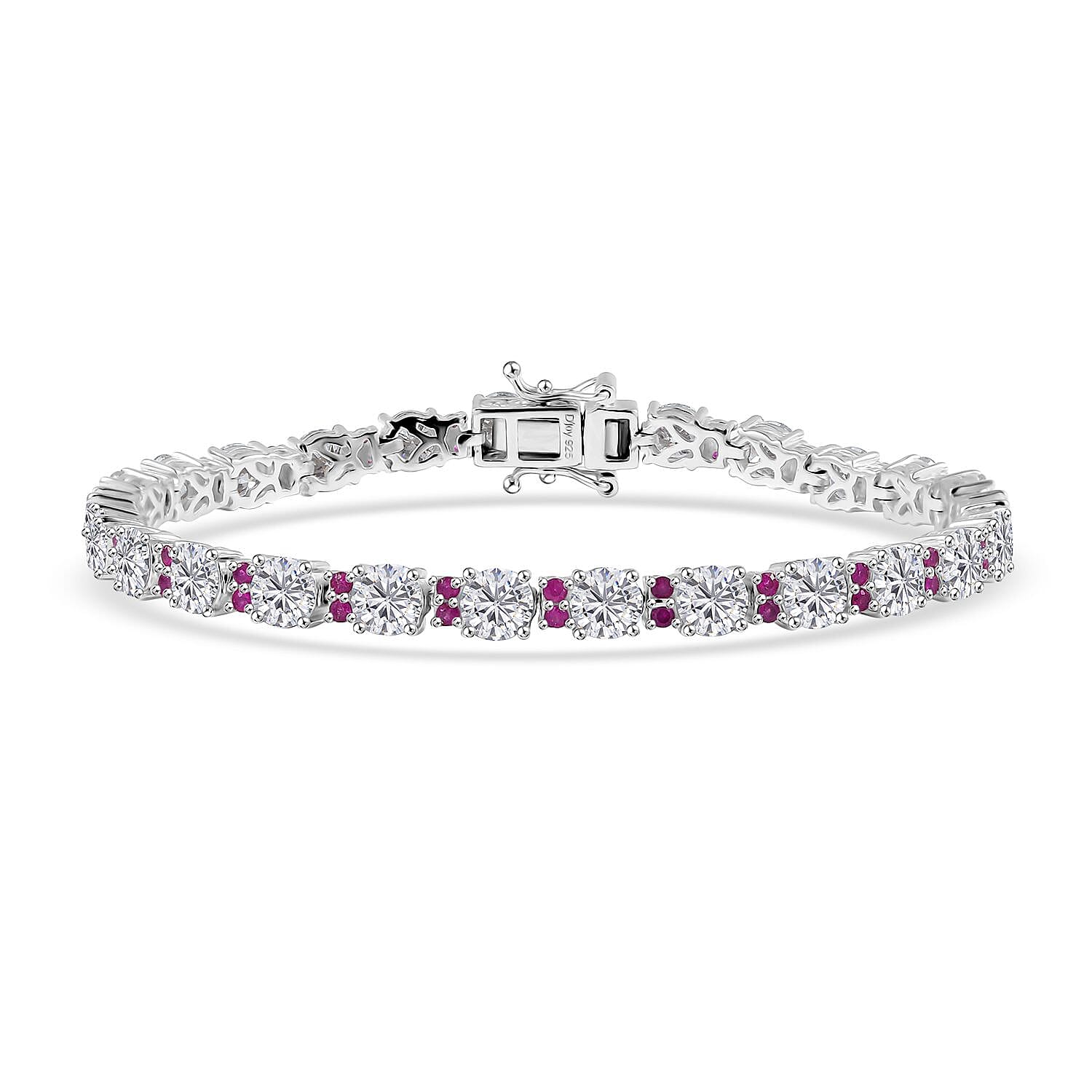 D'Joy Moissanite (Rnd 5mm), Madagascar Pink Sapphire Bracelet in Rrhodium Over Sterling Silver (7.25 In) 12.00 ctw