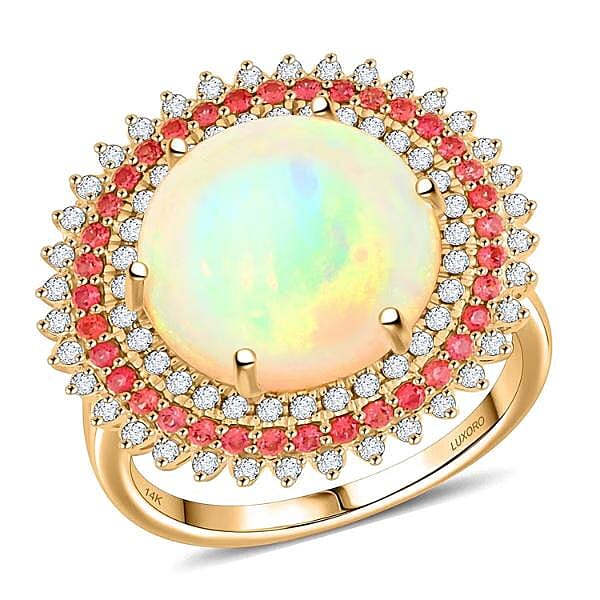 Certified & Appraised Luxoro AAA Ethiopian Welo Opal, Padparadscha Sapphire and G-H I2 Diamond 6.25 ctw Ring in 14K Yellow Gold (Size 10.0) 6.54 Grams